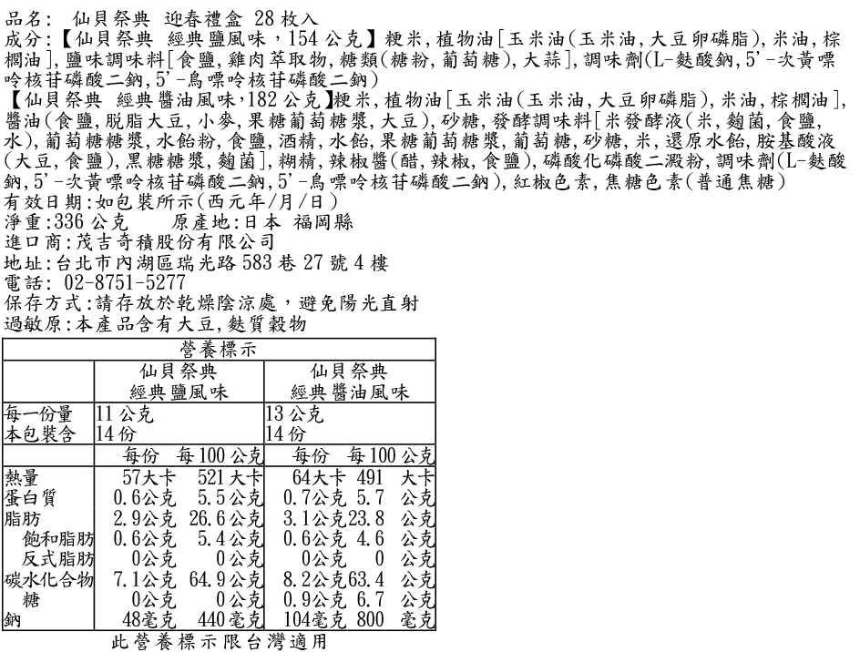 仙貝祭典 迎春禮盒28枚入 商品成分